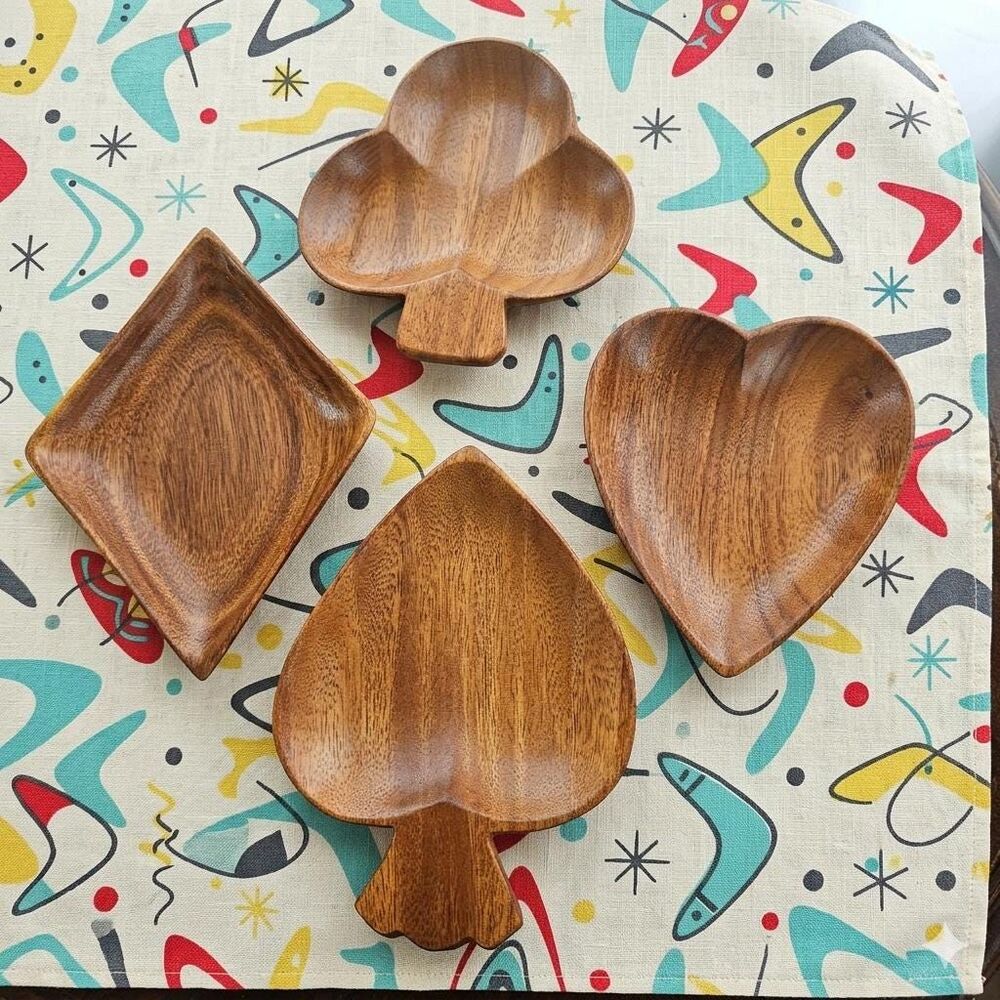 Vintage Handcarved Monkeypod Card Suit Snack Bowls